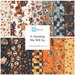 A collage of fabric swatches included in the A Haunting We Will Go collection featuring fabrics in tan, black, and orange with a Halloween theme.