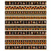 Black border stripe fabric featuring rows of frightening creatures and geometric designs.
