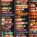 Black border stripe fabric featuring colorful texts and potion bottles on book shelves.