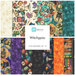 A collage of fabrics included in the Witchypoo collection with white, teal, purple, black, and orange with a Halloween theme.