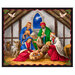 Black panel fabric featuring the classic nativity scene in a manger with the bright Star of Bethlehem shining through the window.