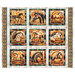 A sand-tan fabric panel with nine tiles each depicting a horse on a golden background, with a south western style border