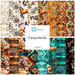 Collage of fabrics in the collection in tan, saddle brown, turquoise, and black with southwestern motifs including horses, native american-inspired geometric patterns, and kokopelli designs