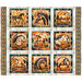 A sand-tan fabric panel with nine tiles each depicting a horse on a golden background, with a south western style border