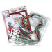 A cross stitch kit featuring colorful embroidery threads, pattern sheets, and a design booklet for the Santa & Kitten.