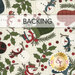 A cream swatch of festive snowman fabric with mittens and holly, a transparent banner at the top reads "Backing", with a gold shabby Fabrics logo in the bottom right corner. 