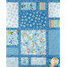A close up of the views crib quilt featuring cartoon children and snowmen playing in the snow and in blue, teal, and white winter fabrics.