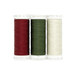 Three spools of thread in red, green, and white, isolated on a white background.