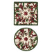 Two quilted holiday hot pads, one square, and one circular, both featuring a star design in red, white, and green, isolated on a white background.