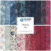 Collage of fabrics in the collection, in maroon, navy, ice blue, and off-white with letters and mail motifs