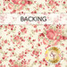 A swatch of cream fabric with tossed bouquets and clusters of pink and red flowers with tonal leaves. A transparent banner at the top reads "Backing."