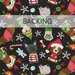 Black fabric swatch featuring tossed stylized dogs, snowflakes, and Christmas motifs. A transparent banner at the top reads "Backing."
