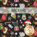 Black fabric swatch featuring tossed stylized dogs, snowflakes, and Christmas motifs. A transparent banner at the top reads "Backing."