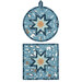 The two completed medium blue Folded Star Hot Pads, one round and one square, isolated on a white background. 