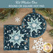 The two completed dark blue Folded Star Hot Pads, one round and one square, slightly overlapping each other and staged on a wooden table with coordinating winter décor.