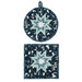 The two completed dark blue Folded Star Hot Pads, one round and one square, isolated on a white background. 