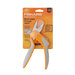 Ergonomic shears with a stainless steel blade, featuring a gray and orange grip, set in their orange packaging.