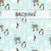 A swatch of aqua fabric with woodland animals wearing scarves surrounded by trees and snowflakes. A banner at the top reads "Backing".
