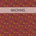 A cranberry red swatch of fabric with mottling and tossed yellow pears with green leaves. A transparent banner at the top reads "Backing."