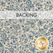 Cream swatch of fabric with a dense pattern of detailed blue florals. A transparent banner at the top reads "Backing."