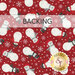 Swatch of red fabric featuring tossed white snowflakes and well-dressed snowmen. A transparent banner at the top reads "Backing."