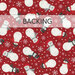 Swatch of red fabric featuring tossed white snowflakes and well-dressed snowmen. A transparent banner at the top reads "Backing."