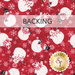 Swatch of red fabric featuring tossed white snowflakes and well-dressed snowmen. A transparent banner at the top reads "Backing" and a gold shabby logo sits in the bottom right corner.