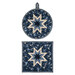 The two completed blue Folded Star Hot Pads, one round and one square, isolated on a white background. 