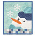 Winter themed table top banner featuring an appliqué snowman and snowflakes in cool blue and gray colors, isolated on a white background.