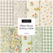 A variety of fabric swatches in earthy tones featuring patterns like florals, mushrooms, and checks, labeled Effie’s Woods Quilting Cuddle.