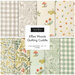 A collection of nine fat quarters in pastel greens and creams featuring various patterns, including floral and woodland elements, with a label for Effies Woods Quilting Cuddle.