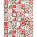 A colorful fabric featuring various geometric patterns in red, green, white, and floral designs.