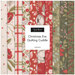 Swatches of Christmas-themed fabrics in red, green, and cream with floral and checkered patterns.