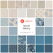Collage of fabrics in the collection, in beige, robin's egg, and denim blue with soft floral motifs