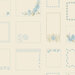 Cream fabric with a pattern of vintage stationary motifs in robin's egg blue and tan