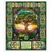 A green fabric panel featuring the tree of life above a prayer in a stained glass style. 