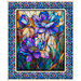 A purple fabric panel featuring three flowers bordered by panels of smaller flowers in a stained glass style. 