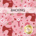 A swatch of blush pink fabric with tossed quilting motifs like sewing machines, rotary cutters, thread, and more. A transparent banner at the top reads "Backing."