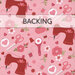 A swatch of blush pink fabric with tossed quilting motifs like sewing machines, rotary cutters, thread, and more. A transparent banner at the top reads "Backing."