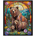 A multi-color fabric panel featuring three bears in a forest scene framed by a stained glass window. 