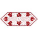 A top down shot of the completed Foundation Paper Piecing Hearts Table Runner, colored in red and white fabrics from the Redberry Lane collection by Henry Glass Fabrics, isolated on a white background.
