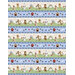 Mottled border print with striped bands of dog motifs, including bones, doghouses, text, pawprints, and hearts.