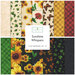 Image of fabric fat quarters featuring sunflowers, butterflies, and a plaid design in various colors.