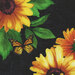 an 8x8 swatch of the panel featuring sunflowers, leaves, and a butterfly on a black background.
