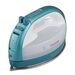 A teal and white Panasonic steam iron with a metal base and control buttons on the side.