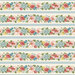 A cream and cadet blue border stripe fabric featuring pink roses, blue and yellow hydrangeas, and green leaves