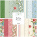 Collage of fabrics in the collection in green, blue, pink, and cream with vintage florals and coordinating patterns