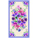 Cream fabric with a pattern of large pansy flowers framed by a purple gingham border.