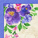 an 8x8 swatch of the panel showing purple and pink pansies with green stems on a mottled cream background with a violet gingham border.