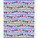 Mottled cream border print with striped bands of pansy florals and a purple gingham pattern.